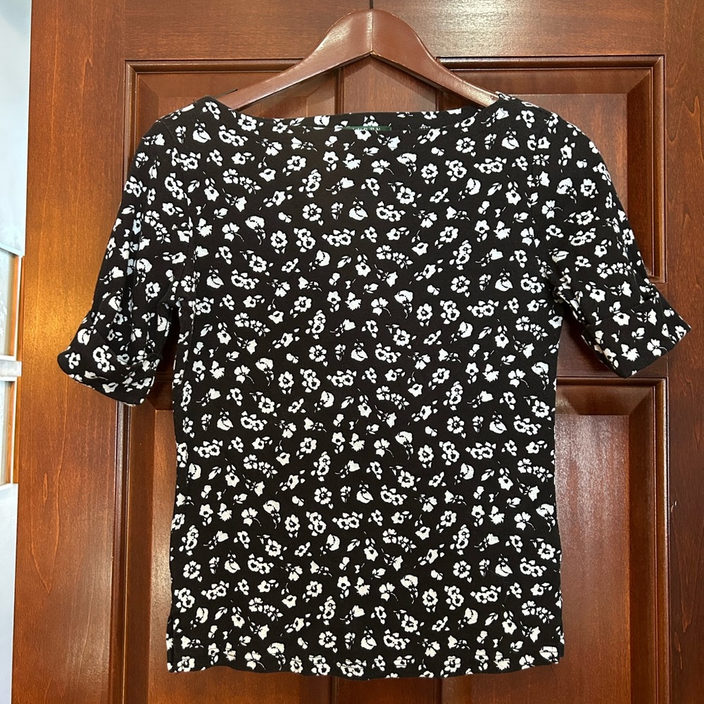 Lauren Ralph Lauren Black White Floral Cotton Top Small Petite